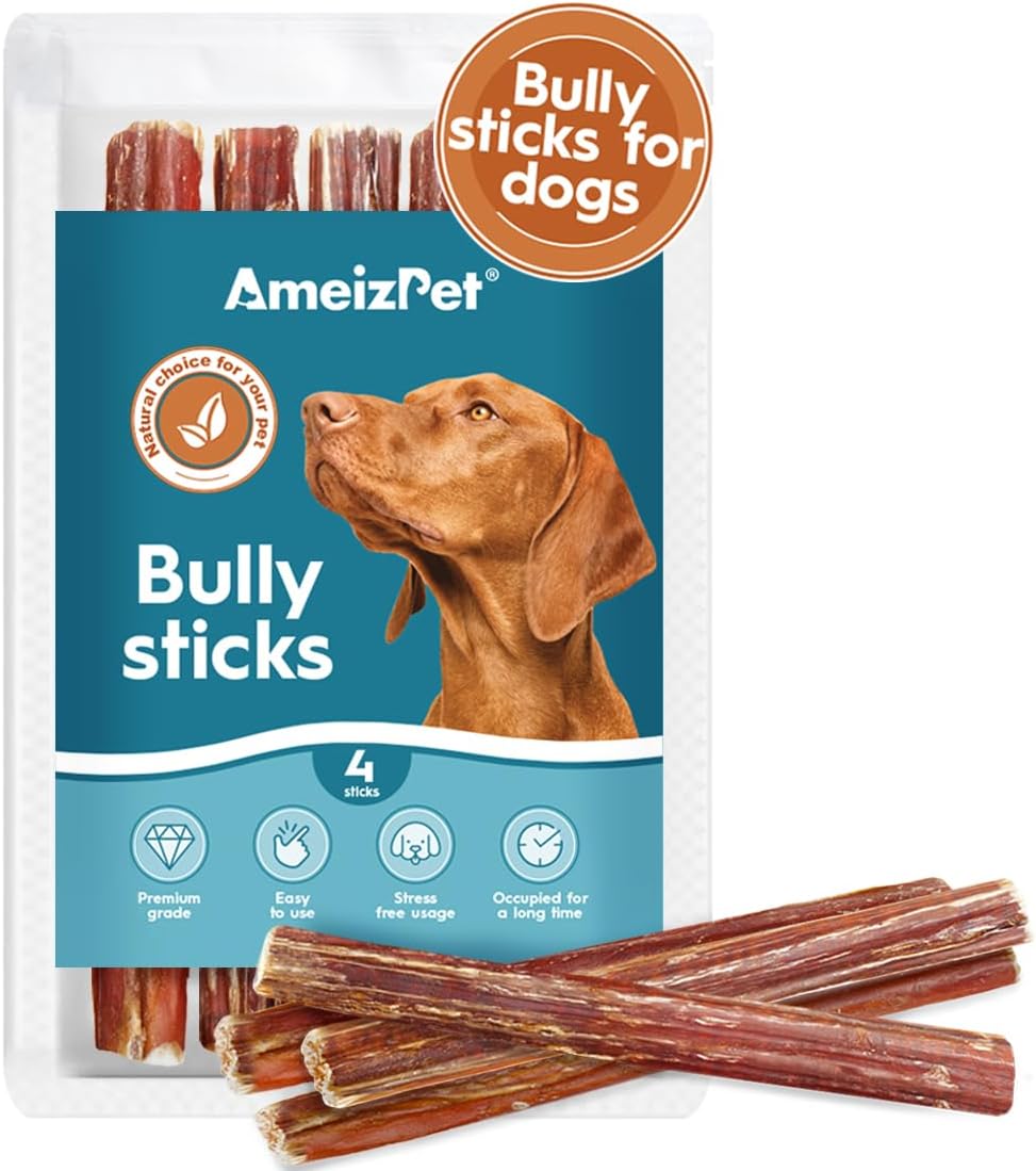 AmeizPet Bully Pizzle Stick For Dogs & Puppies 4 Pcs, Long Lasting Dog Beef Meat Sticks, Natural