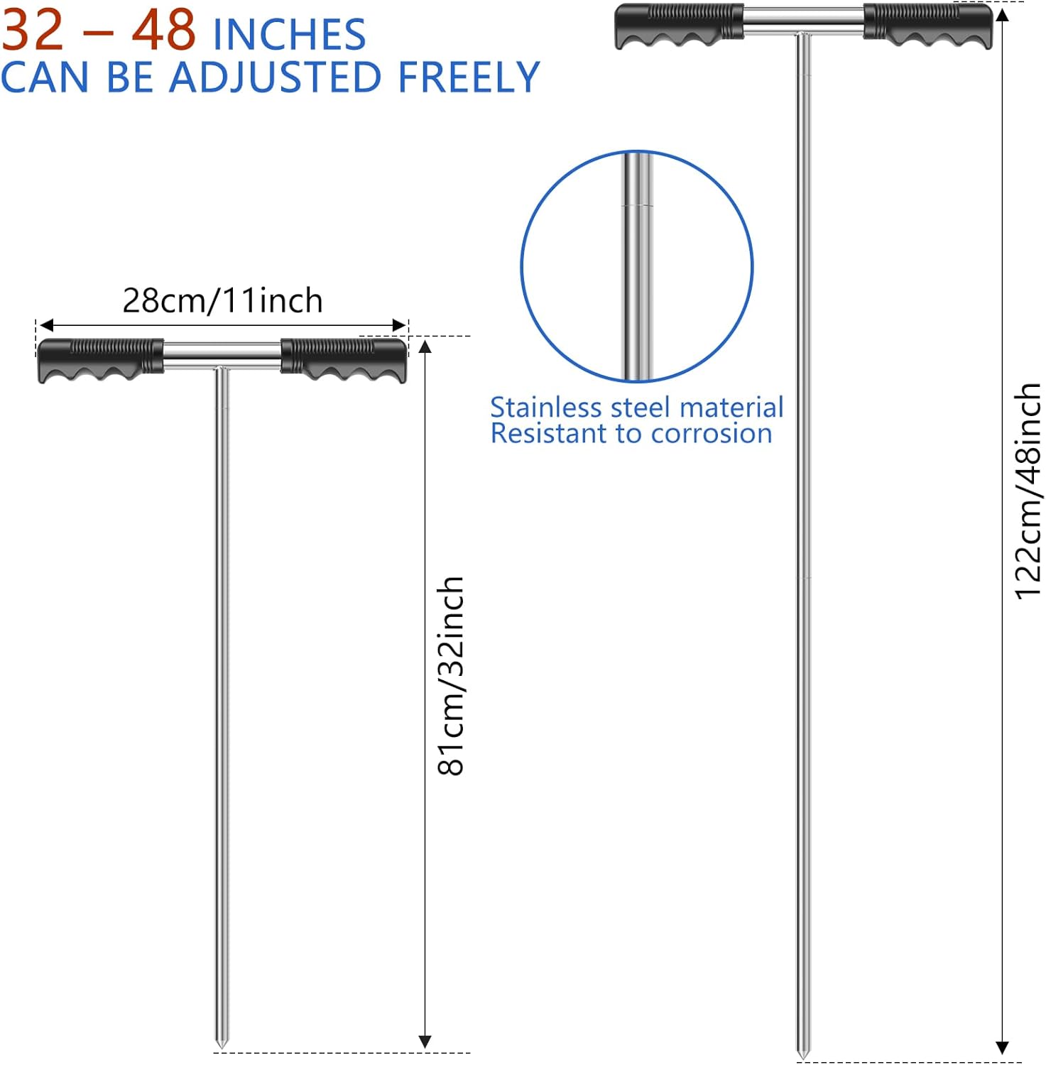 Stainless Steel Soil Probe Rod 32 to 48inch Height Adjustable Ground Rod Tool with T-Handle Metal Soil Probe Lightweight Portable Ground Rod Tool for Locating Septic Tanks Underground Pipes