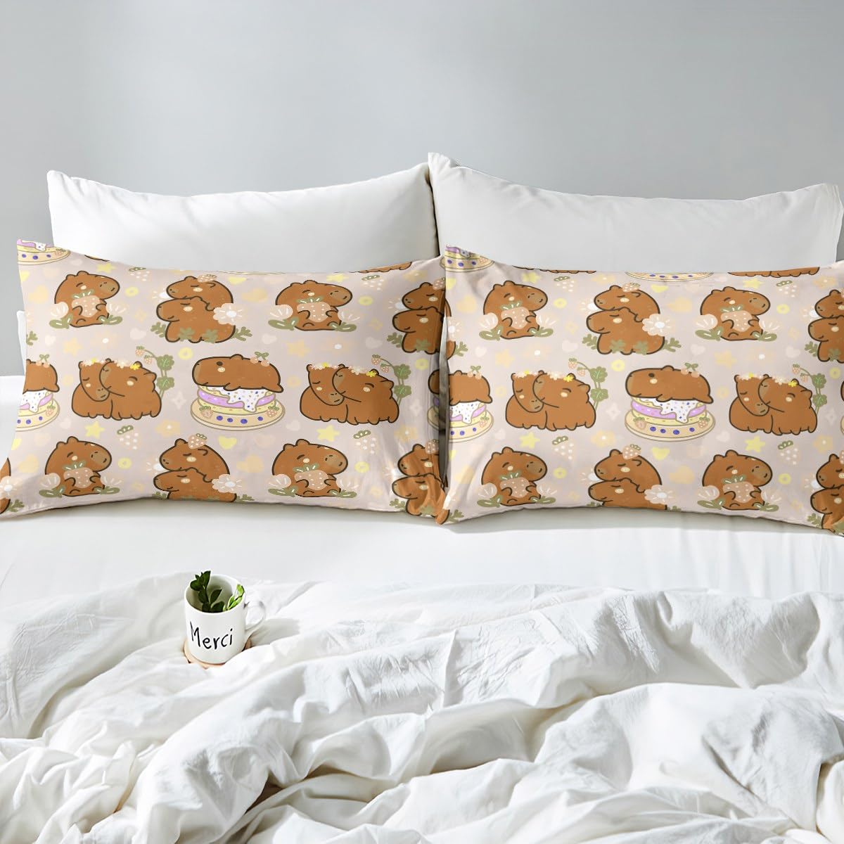 Homewish Bonita funda de edredón Capybara Super King, juego de ropa de cama de fresas, funda de edredón de pastel de dibujos animados de animales Kawaii, divertida vida silvestre, roedor, verde,