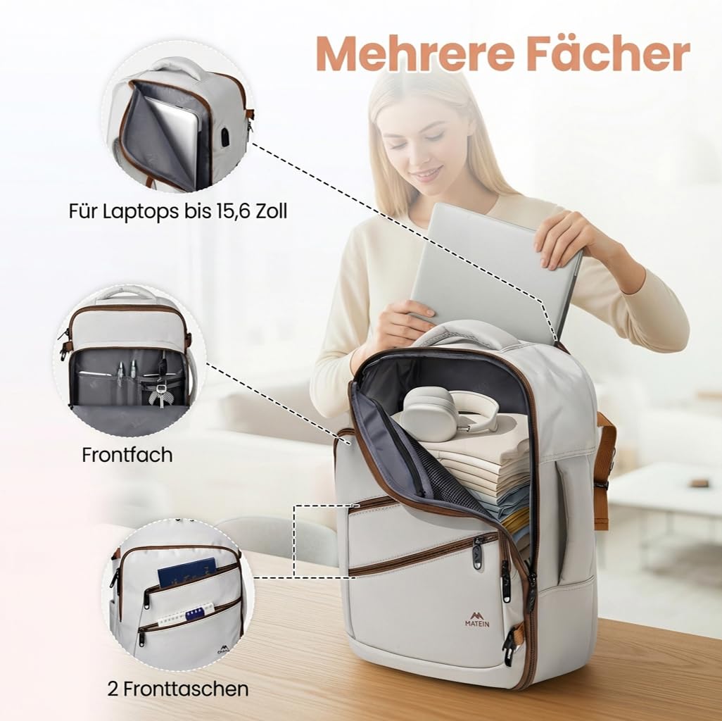 MATEIN Ryanair Handgepäck 40x30x20, Reiserucksack Damen mit Nassfach, Rucksack 40x30x20 mit 15.6 Zoll Laptopfach für Damen, Ryanair Rucksack für Reise, Reiserucksack für Business, Cloud Dancer