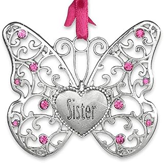 BANBERRY DESIGNS Sister Butterfly - Silver Filigree Ornament with Pink Crystals and Sister