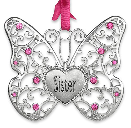 BANBERRY DESIGNS Sister Butterfly - Silver Filigree Ornament with Pink Crystals and Sister