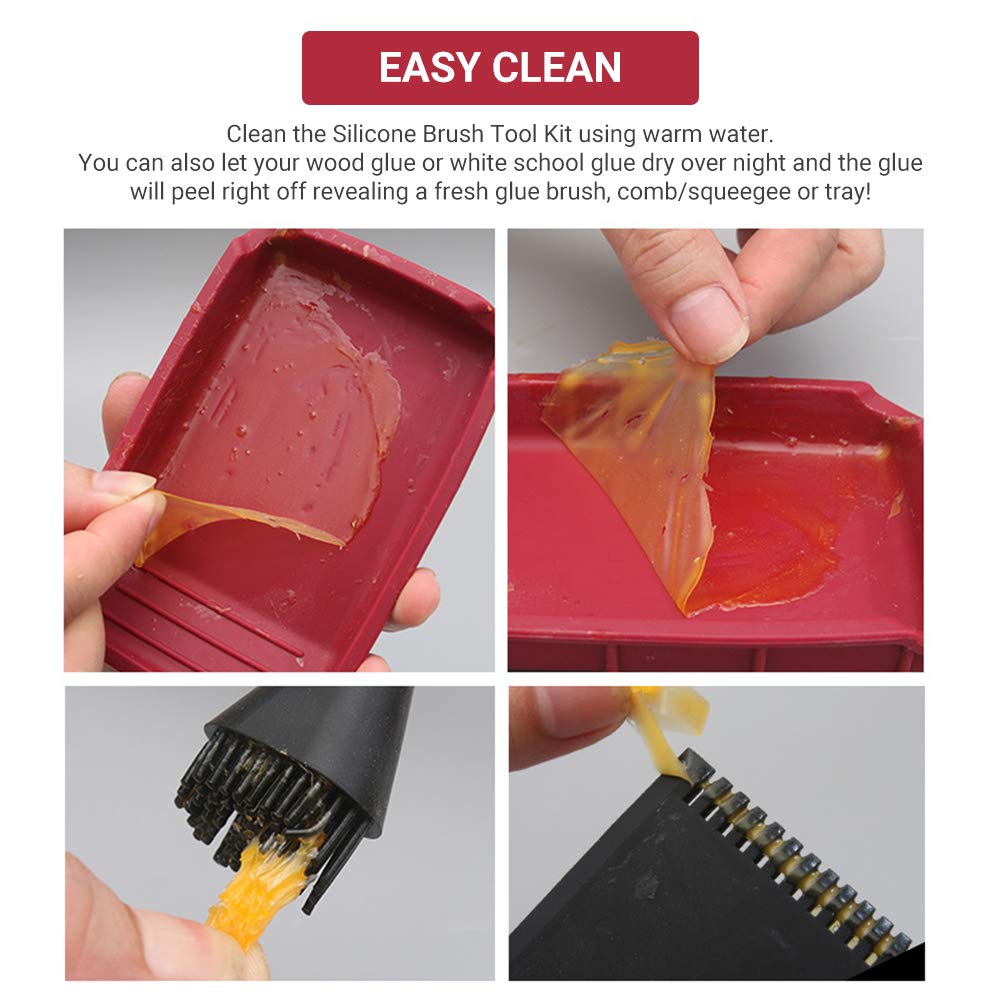 Juego de 4 herramientas de pegamento para carpintería, kit de pegamento de silicona, cepillo estrecho, cepillo ancho, pala fina de silicona suave, raspador plano, bandeja de pegamento, de madera,