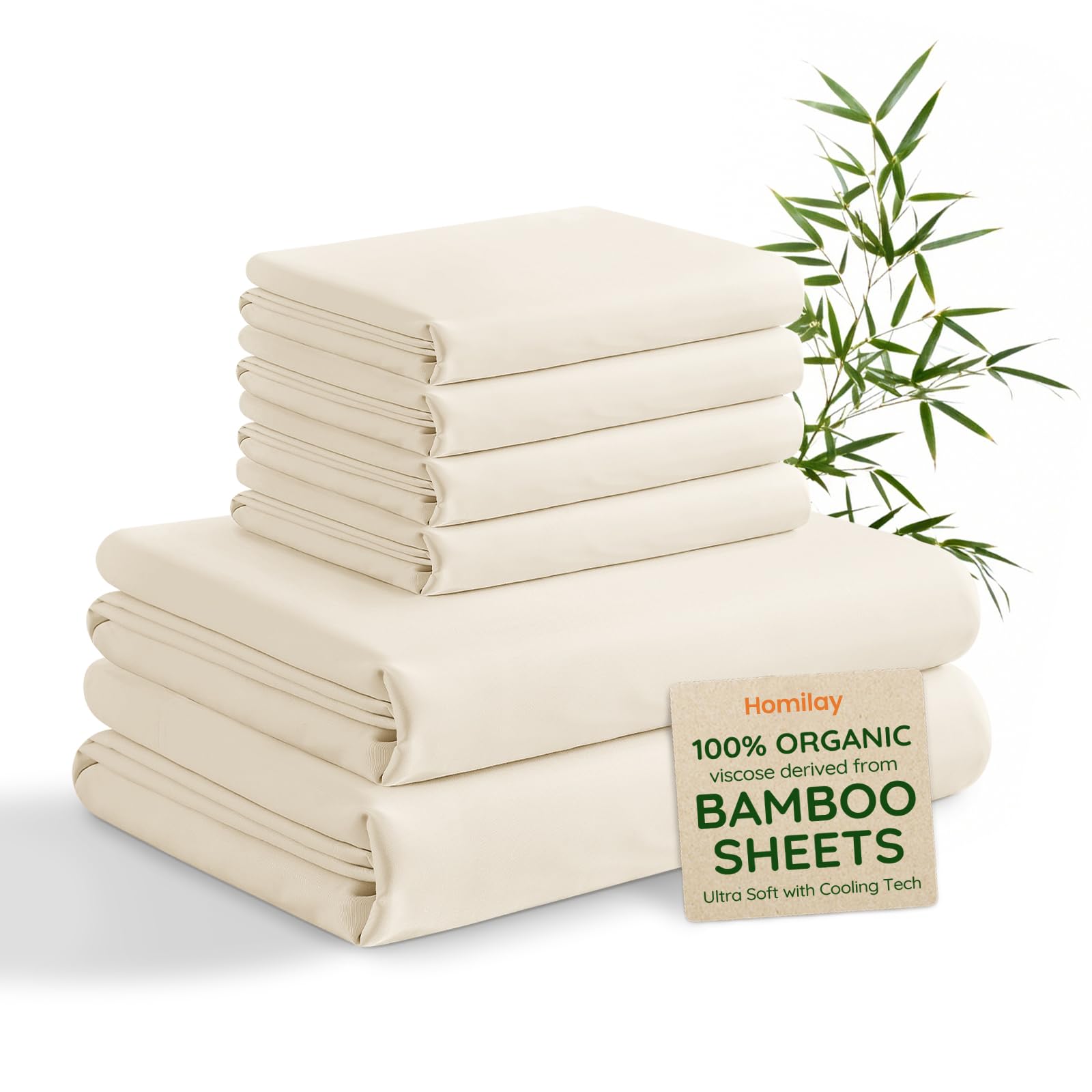 Queen 6 Pieces 100% Viscose Derived from Bamboo Sheet Set, Silky Smooth Soft Bedding with Deep Pocket UP to 16, Organic & Oeko-TEX Certified Cooling Bed Sheets, Beige