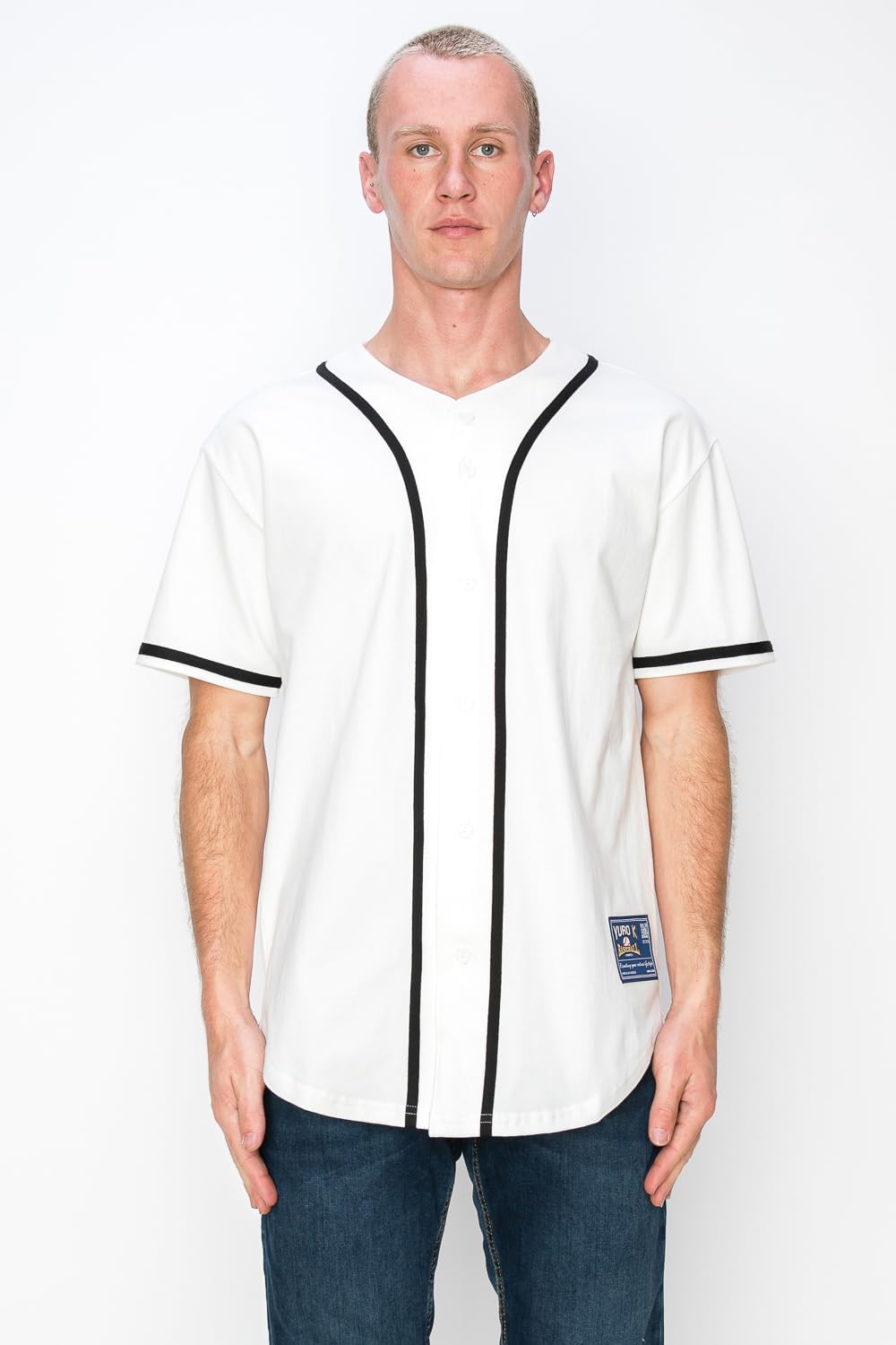 YURO-K Men's Cotton White Color Baseball Jersey with Piping/Made in Los Angeles