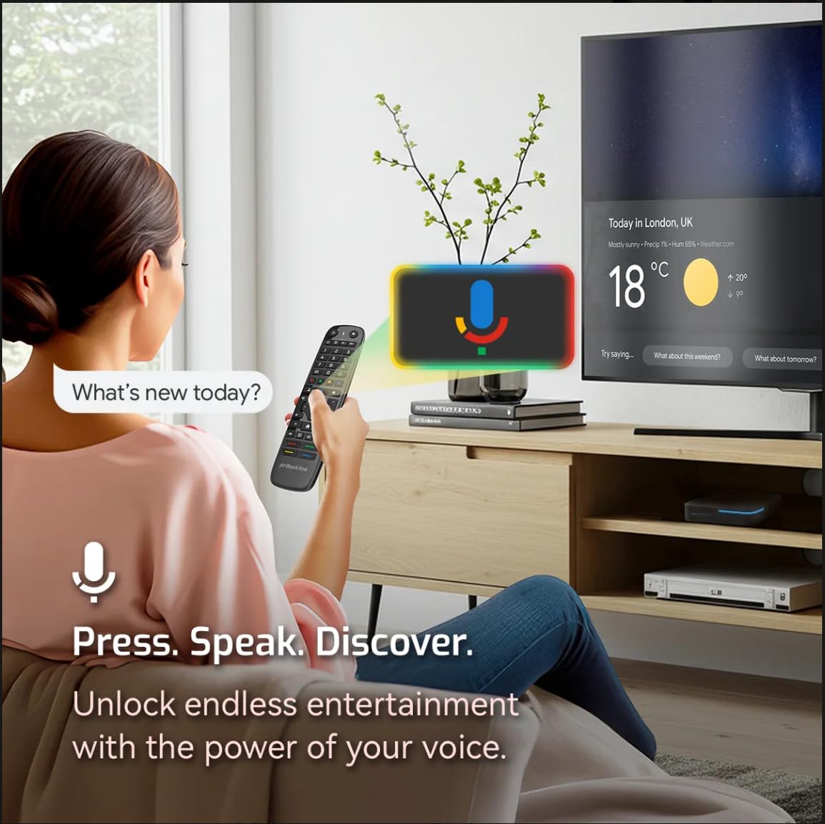RockTek RC45 Bluetooth Voice Remote – Compatible with Google TV & Android TV, Air Mouse, IR Learning, Backlit Keys - 4