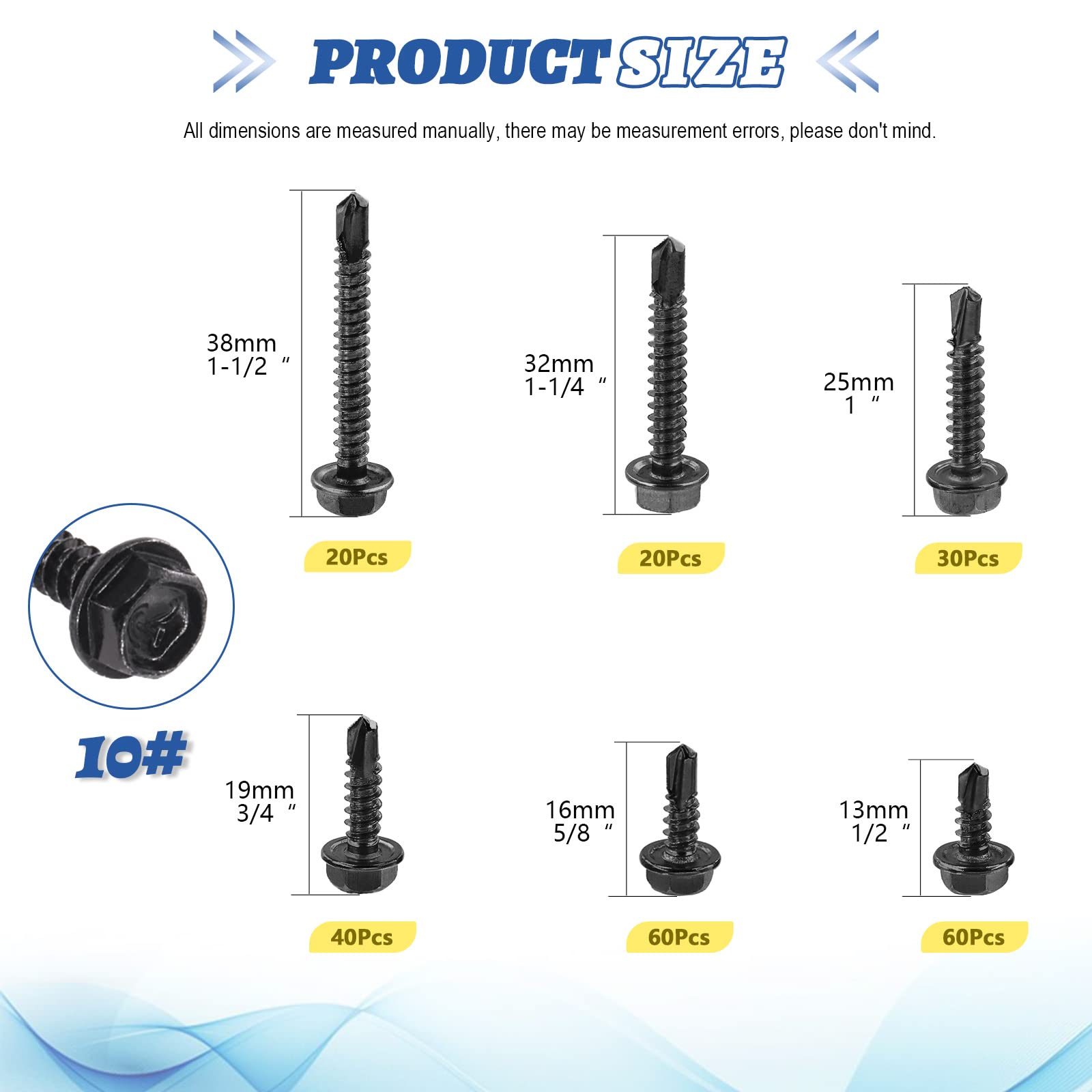 Glarks 230Pcs 410 Stainless Steel #10 Hex Washer Head Self Drilling Screws Assortment Kit 6 Size Black #10x1/2", 10x5/8" - Image 2