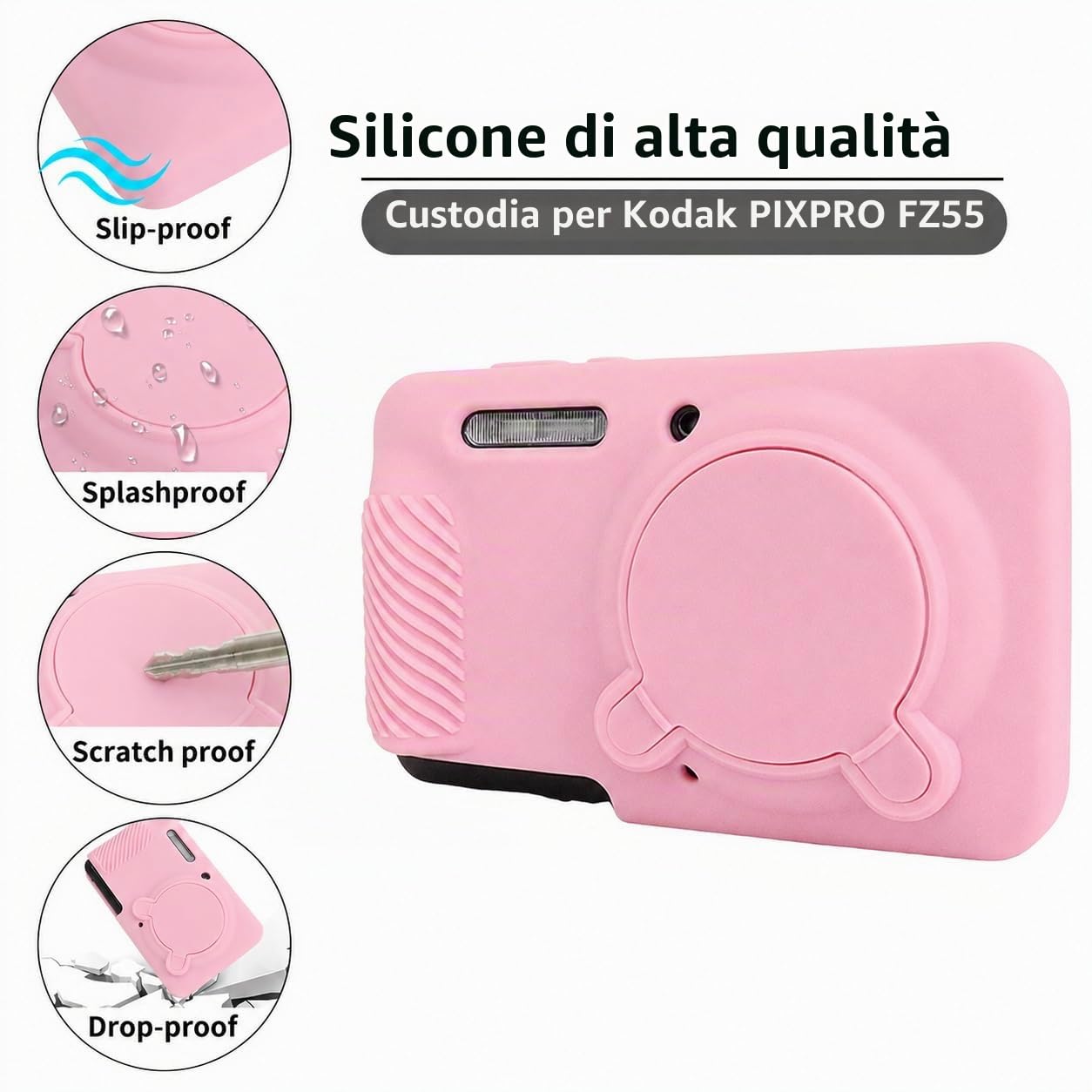 Rieibi Custodia in silicone per Kodak PIXPRO FZ55 fotocamera, accessori per Kodak PIXPRO FZ55 Custodia Protettiva include 2 pellicole protettive, copriobiettivo rimovibile, design antiscivolo, rosa