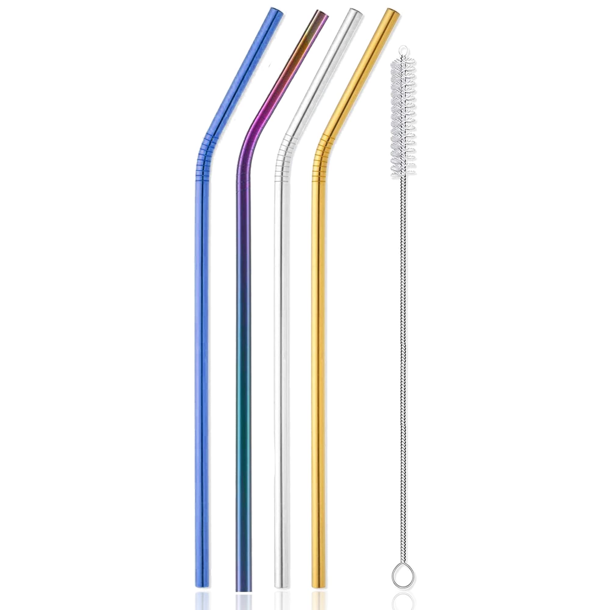 LUMOUS ROLA Metal Straws Set of 4 Reusable Stainless Steel Straws with 1 Cleaning Brush Eco Friendly Dishwasher Safe Metal Straws Drinking for 20 24 30 Oz. Tumbler (4Pcs Curve Mix)