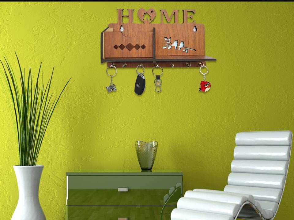 Image of MDF Wooden Wall Mounted Designer Home Wall Shelf Key Chain Holders Home Decor Stylish Hook Stand Key Organizer for Decor Home, Living Room and Office Matte Finish Mobile Charging Stand