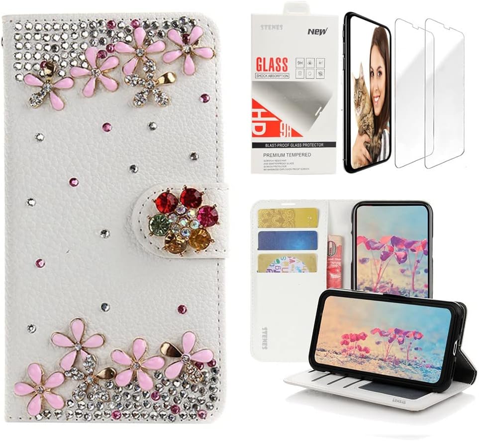 STENES Bling Wallet Phone Case Compatible with iPhone 13 - Stylish - 3D Handmade Flowers Flowers Design Leather Cover with Screen Protector [2 Pack] - Pink