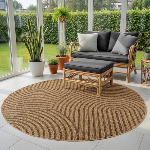 SIMPEX Outdoor Teppich Rund 120 cm Beige, Wetterfest Pflegeleicht, Natürlicher Jute Look Teppich für Terrasse Balkon Wohnzimmer robust und pflegeleicht