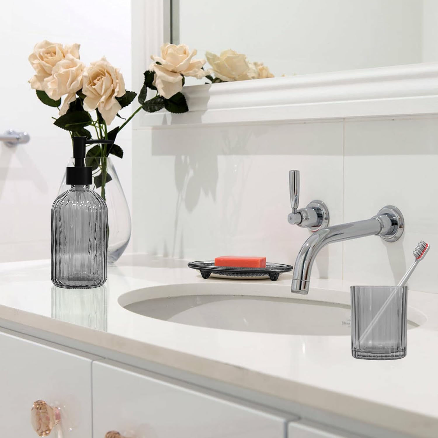 Glass Bathroom Accessories Set, 4Pcs Soap Dispenser Set Includes Soap Dispenser, Toothbrush Holder, Mouthwash Cup, Soap Dish for Home Decor, Countertop Vanity Organize (Grey)