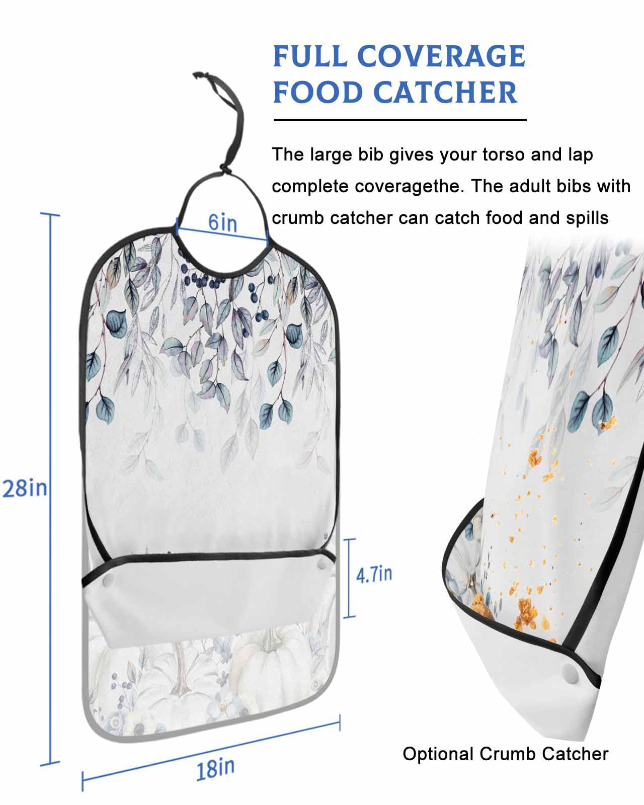 LEOKOTI Blue Botanical Fall Adult Bibs for Eating, Waterproof Bibs with Food Catcher & Adjustable Snap Closure, White Pumpkins Thanksgiving Washable Clothing Protectors Adult Bibs for Elderly