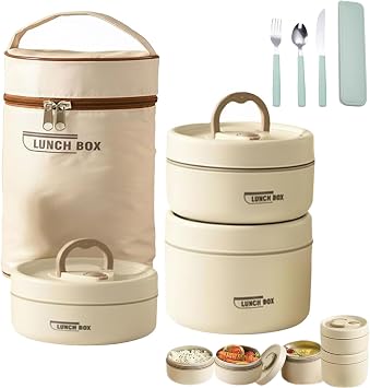 Portable Insulated Lunch Container Set, 4 Tier Separate Stackable Stainless Steel Lunch Container with Insulated Lunchs Bag, Bento Box Hot Food Lunch Containers to Microwave Beige, 3-Tier
