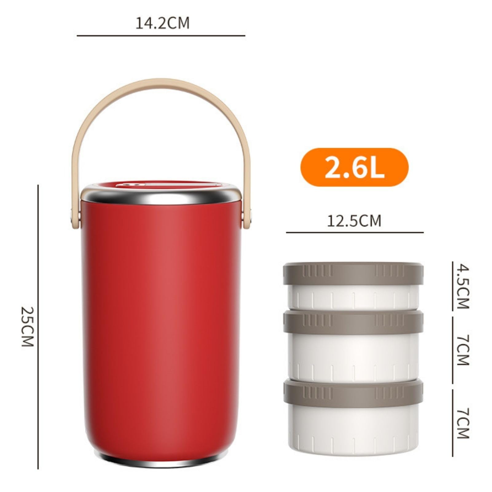 Thermobehälter für Essen 2600ml, Edelstahl Warmhaltebehälter Tragbare Isolierte Thermobecher Essen mit 3 Lebensmittelfächer, Thermo Lunchbox für Büro, Picknick im Freien (Rot)