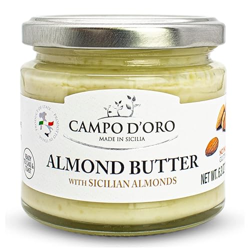 Mantequilla de Almendra, Crema Dulce de Almendras para Untar, (6.35oz - 180 g). Producto de Italia, fabricado en Sicilia. Sin OMG, Campo D'Oro