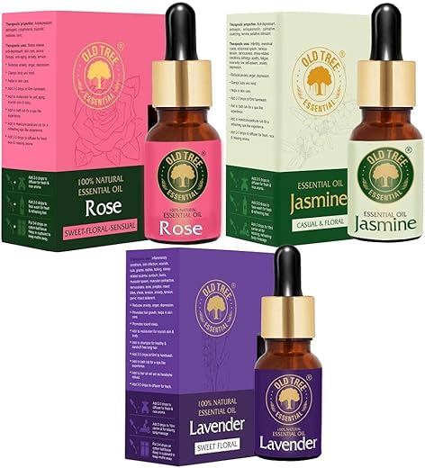 Old Tree Rose, Jasmine and Lavender Essential Oil Combo Pack (15ml each) – Pure, Natural and Undiluted Essential Oil with Glass Dropper for Fragrance, Diffuser, Skin, Hair,…