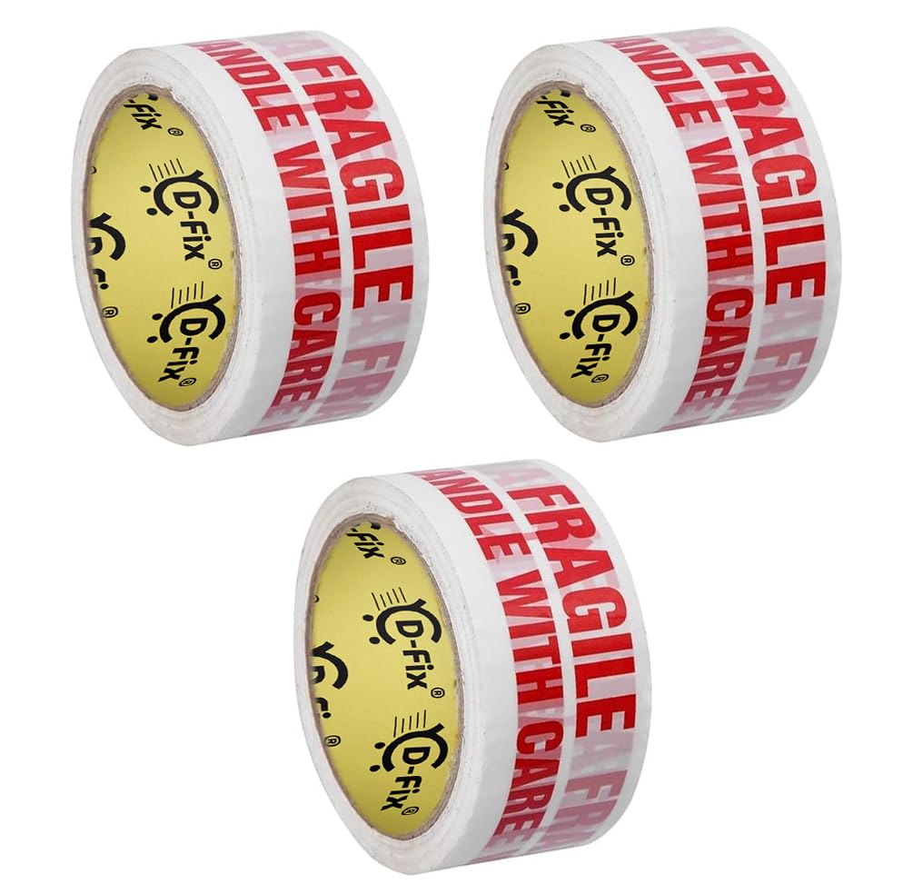 Image of D-fix Bopp Fragile Branded Printed Packaging Tape 65 Meters in Length 48mm / 02 inch Width - 3 Roll Per Pack Suitable for E-commerce Packaging Material for Small Business