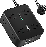 Vista 1 de Regleta protectora contra sobretensiones, enchufe plano, montaje en pared, 8 tomas anchas con 4 puertos USB (2 USB C), cable de extensión resistente