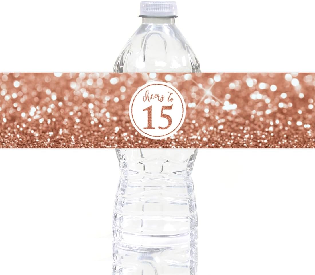 Andaz Press Glitzy Faux Glitter Rose Gold Water Bottle Labels Stickers, Cheers to 15, Mis Quince Quinceanera 15th Birthday Water Bottle Labels Anniversary 15th Birthday Decorations for Women, 20-Pack