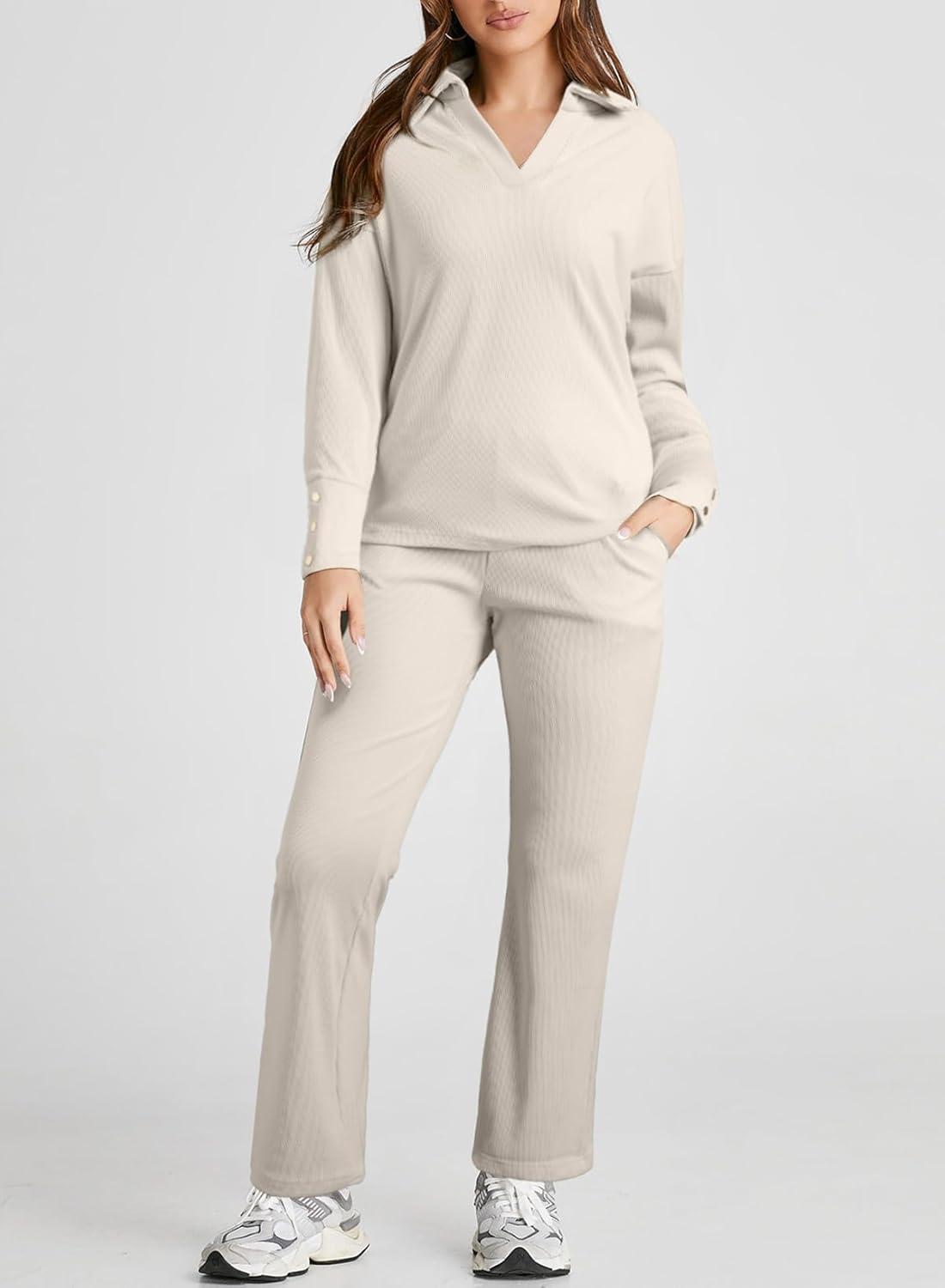 Herseas Women Sweater Set 2 Piece Outfits 2025 Long Sleeve Knit Lapel V Neck Tops High Waist Wide Leg Pants Lounge Sets - Image 5