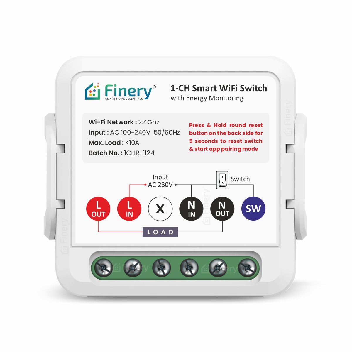 Finery 220 Volts (AC) Wifi 1 Way Smart Rocker Switch With Energy Monitoring Retrofit Supports Manual Button Compatible With Alexa & Google Home, Multicolor
