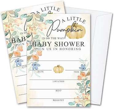 Fall Little Pumpkin Baby Shower Invitations Sweet Pumpkin is on the Way, Fall Leaves, Autumn Theme, Pack of 20 Fill-in Invitation Cards & 20 Envelopes, 4X6, Gender Reveal Neutral - JY005