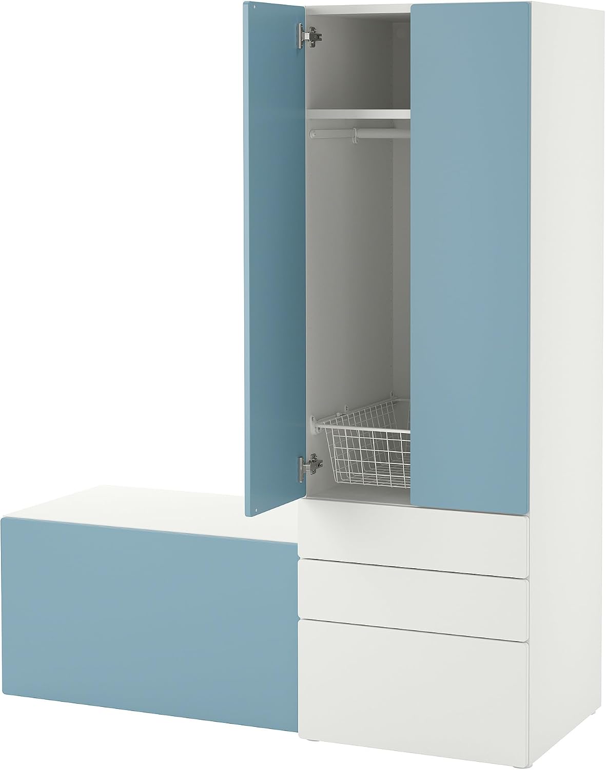 ProTuning PLATSA/SMÅSTAD Storage combination, white blue/with bench, 150x57x181 cm