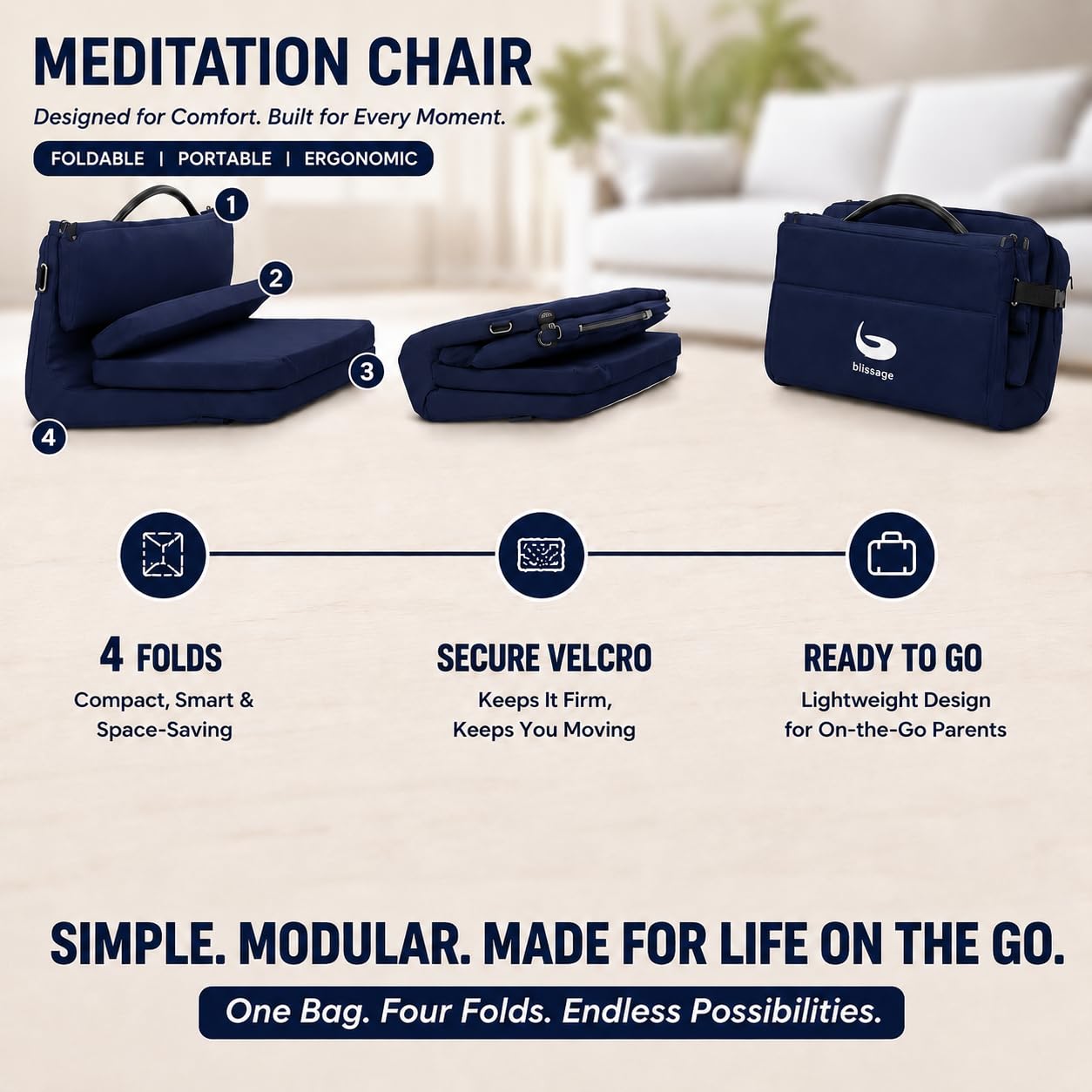 blissage Meditation Chair | Foldable Floor Seat with Cushion and Back Support | for Yoga, Pranayama, Prayer & Cross-Legged Sitting | Portable Metal Frame with Carry Bag | 2 Year Warranty (Dark Blue) 2
