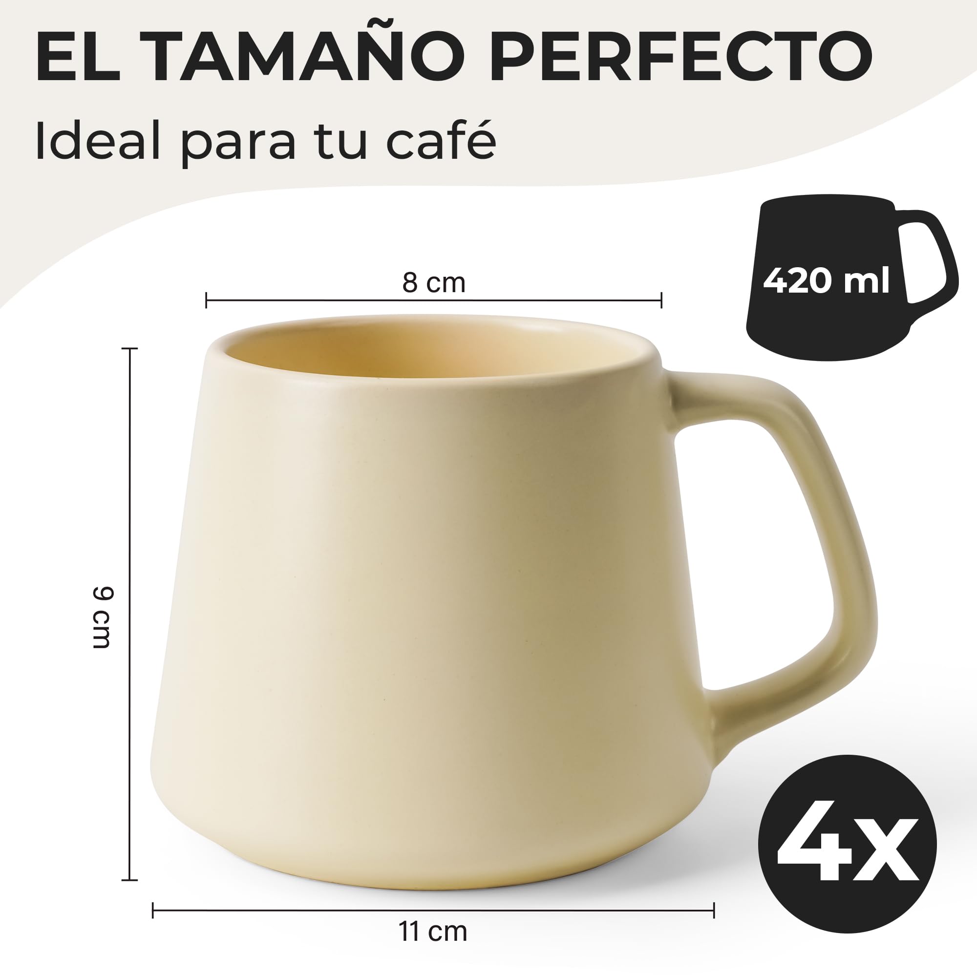 MIAMIO - Tazas Grandes de Café Set de 4, Cerámica (420ml) - Luxe (Beige) | Grandes tazas de café de cerámica para cappuccino, té y espresso, juego de 4, aptas para lavavajillas, ideales a diario