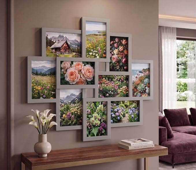 DEENZ 10-Multi Opening Photo Frame Wall Hanging Family Collage 6x4'' Aperture Picture Glass Panel Living Room Decor Gift Idea Large 55.3x49.5x2.5Cm, GREY — image 1