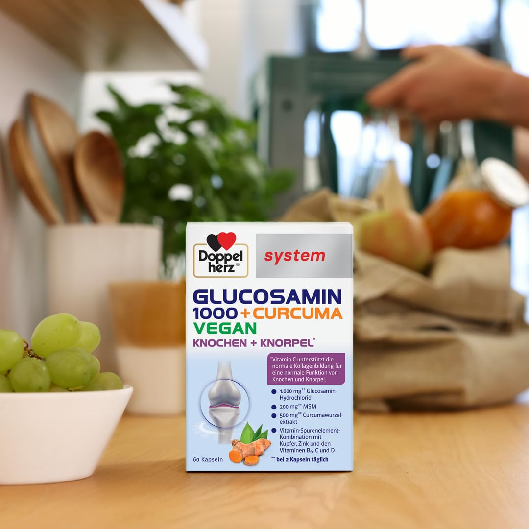 Doppelherz system GLUCOSAMIN 1000 + CURCUMA VEGAN – Vitamin C trägt zur normalen Kollagenbildung für die normale Knorpel- und Knochenfunktion bei – 120 Kapseln