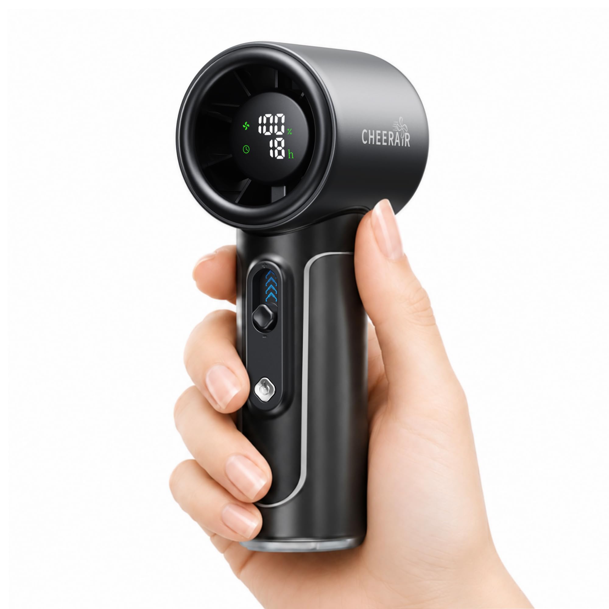 CHEERAIR Handventilator Tragbar, Leistungsstarker Mini Ventilator, 5000mAh Akku bis zu 18 Std. Laufzeit, Taschen-Turboventilator mit LED-Anzeige