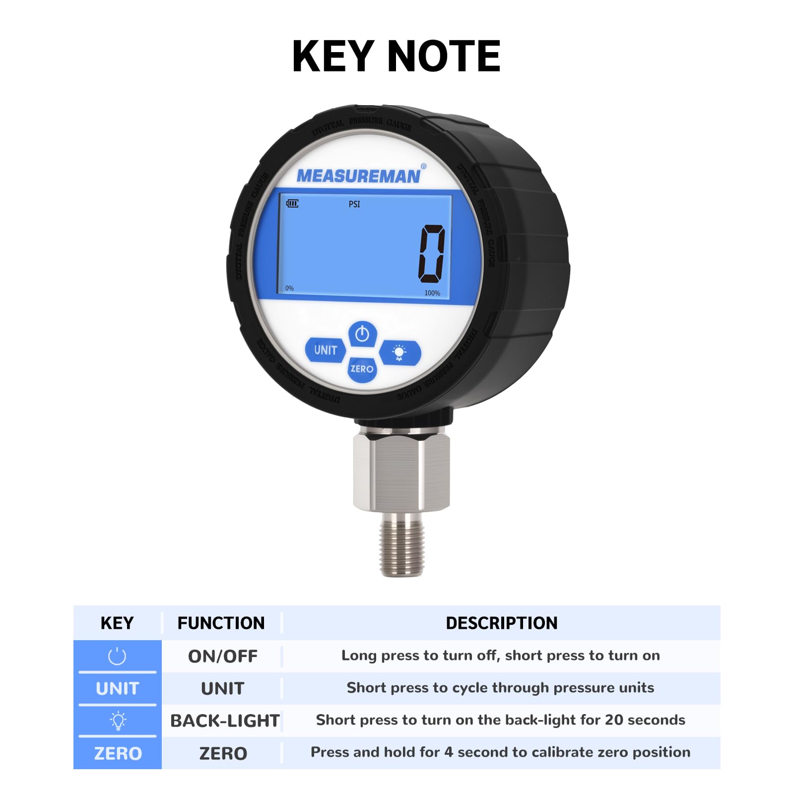 Manomètre hydraulique industriel numérique, cadran 80 mm, raccord inférieur G1/4", boîtier et raccord en acier inoxydable, 0-700 bar, précision 0,4%, alimenté par batterie, avec éclairage LED
