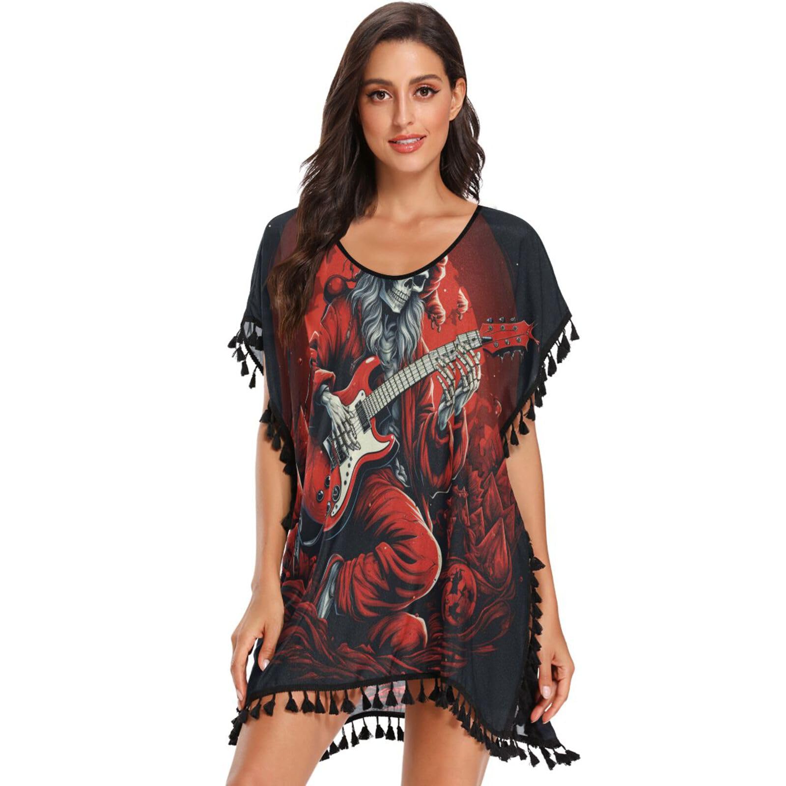 Christmas Skull Guitar Red Women's Beach Cover Up Chiffon Tassel Swimwear Swimsuit Coverups for Girl