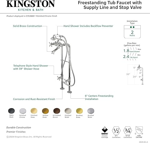 Miniatura 3 de Kingston Brass CCK266K3 Kingston - Grifo de bañera independiente con línea de suministro y válvula de parada, latón antiguo