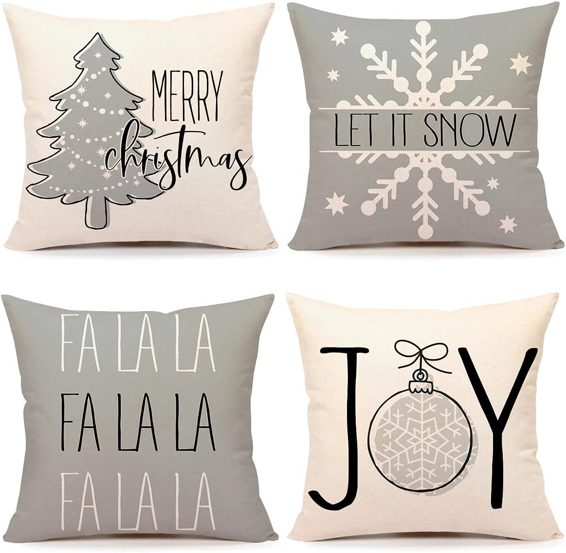 4TH Emotion Gray Christmas Pillow Covers 16x16 Set of 4 Farmhouse Christmas Decorations Merry Tree Joy Let It Snow FA La La Winter Holiday Decor Throw Cushion Case for Home Couch TH055-16