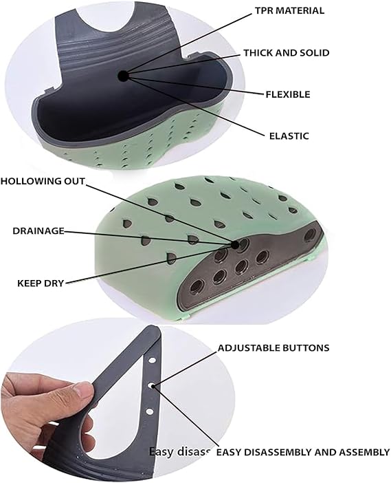 Kitchen Sink Caddy - Silicone Plastic Soap Sponge Holder - BPA-free Rack - Faucet Caddy with Drain Holes for Drying - Adjustable Hanging Strap (Green), Large