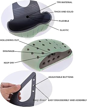 Kitchen Sink Caddy - Silicone Plastic Soap Sponge Holder - BPA-free Rack - Faucet Caddy with Drain Holes for Drying - Adjustable Hanging Strap (Green), Large