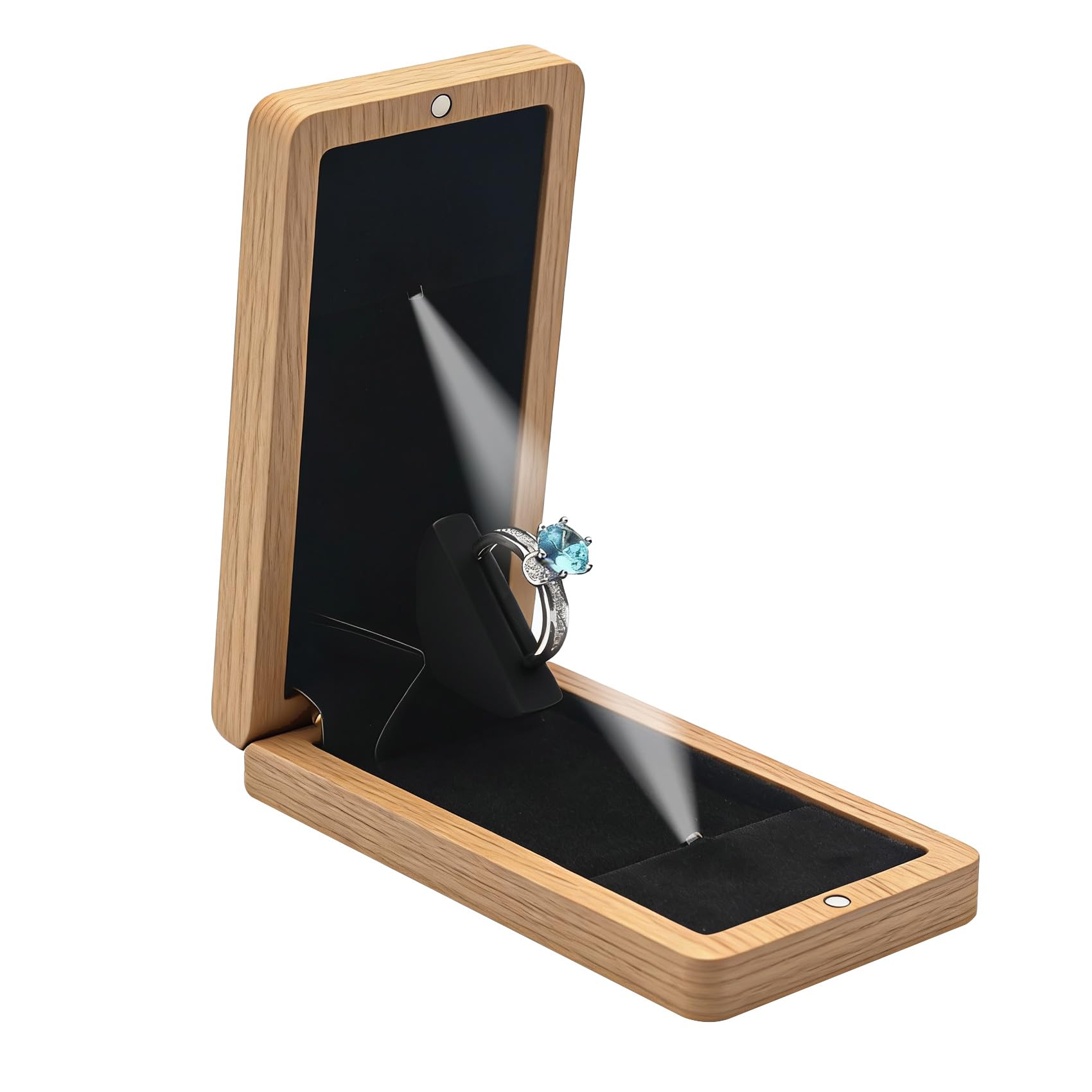 Scatola per anelli di fidanzamento in legno per proposta di San Valentino, scatola regalo rotante in legno per fedi nuziali, scatola regalo con luce a LED, confezione regalo (rovere bianco)
