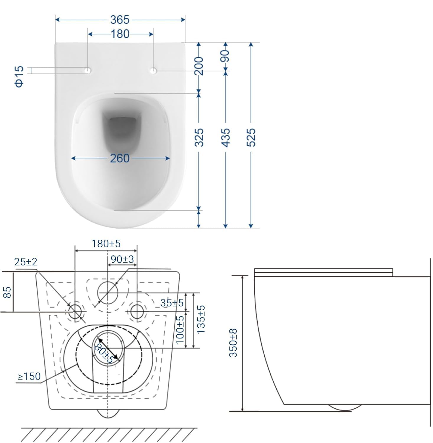 Cuvette WC Suspendu sans Rebord avec Charniere Abattant Soft-Close - Toilette Suspendu en Céramique Blanc - Chasse d'Eau Directe et sans Bordure - Lunette WC Amovible avec Fermeture en Douceur