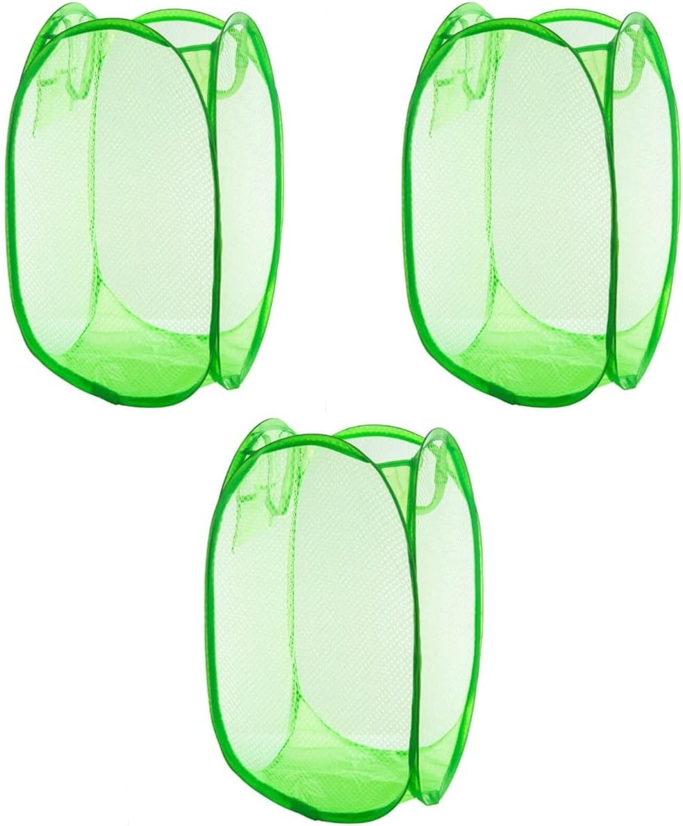 Zerodeko 3pcs Foldable Mesh Laundry Hamper Basket Easy Open Design for College Sturdy Construction Breathable Material Side Pocket for Green Color for Dirty Clothes Storage