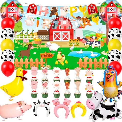 Decoraciones de Animales de Granja,49pcs Decoración de Fiesta de Cumpleaños de Granja Inc Granja Fiesta de Cumpleaños Decoracion Globos Banner&Globos Animales etc Suministros de Fiesta Granero Granja
