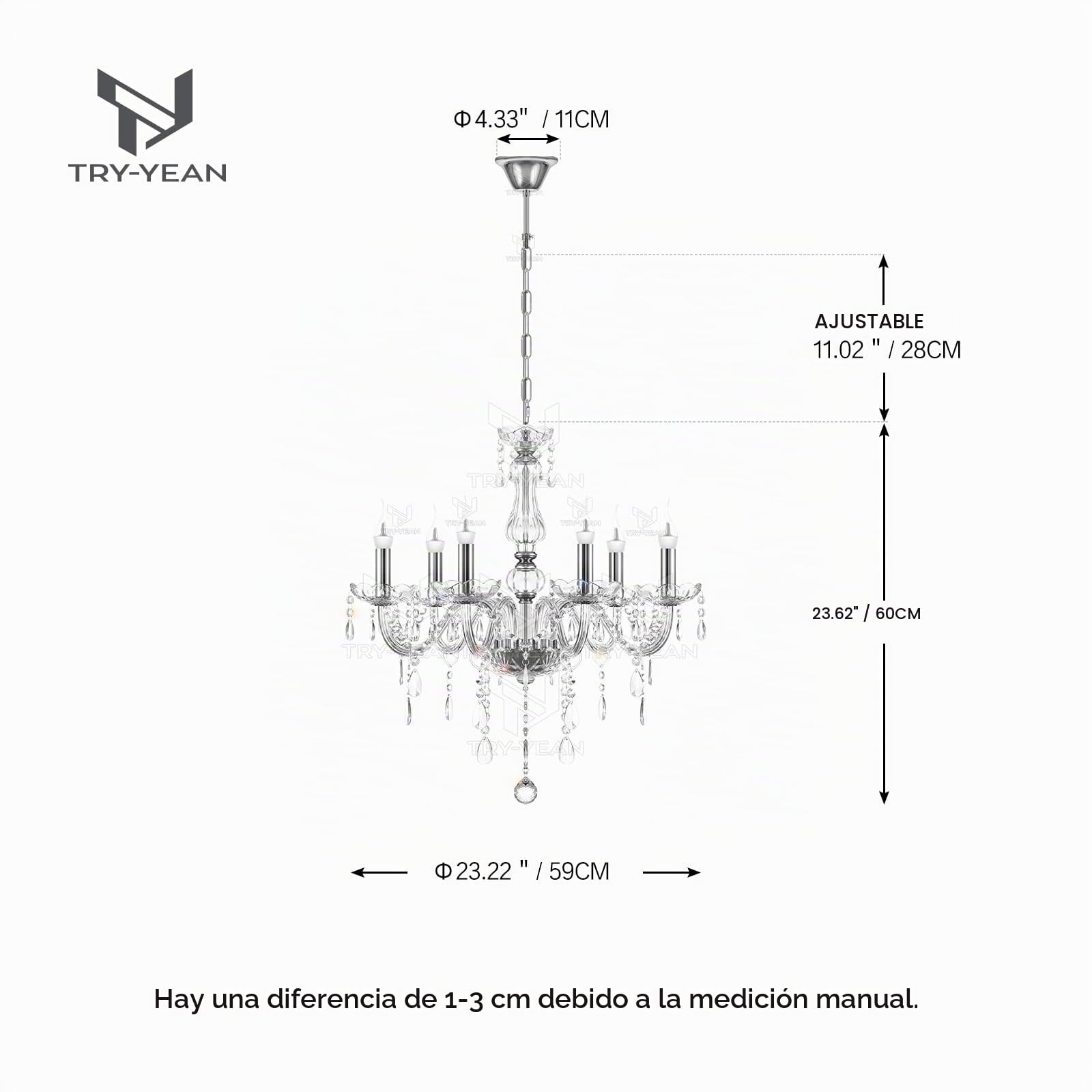 Lámparas de Araña de Transparente Araña de 6 Brazos Cristal K5 Lámpara de Techo Lámpara Colgante E14 con Cadena Ajustable para la Entrada del Pasillo del Dormitorio de la Sala de Estar