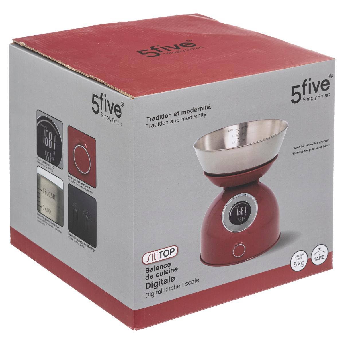 5five Balance de cuisine numérique avec bol amovible en acier inoxydable Affichage LED Fonction horloge Capacité 5 kg Réglage de la tare et de la mesure Rouge