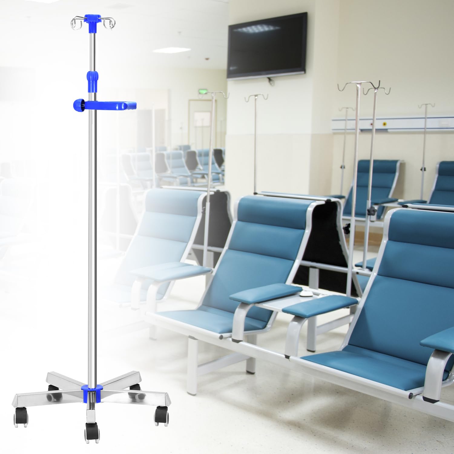 QWORK® Supporto regolabile in acciaio inox IV Drip Stand, Drip Stand con maniglia e ruote per ospedale e assistenza domiciliare