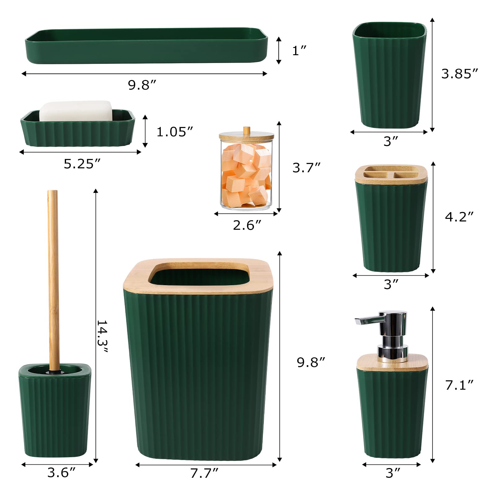 Badezimmer-Zubehör-Sets komplett, 9-teiliges dunkelgrünes Badezimmer-Zubehör mit Mülleimer, Schminktischtablett, Seifenspender, Seifenschale, Zahnputzbecher, WC-Bürste und Qtip-Halterungen