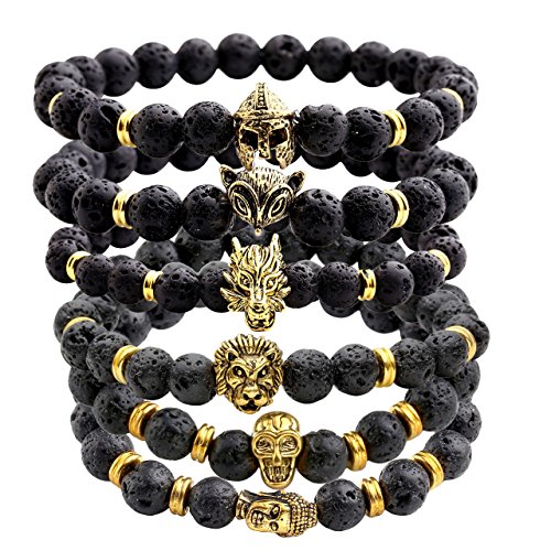 Jovivi Jewelry 6pc Men Women 8mm Mix Style Gold Plated Lion/Wolf/Fox/Sparta Helmet Black Lava Energy Stone Beads Stretch Bracelet