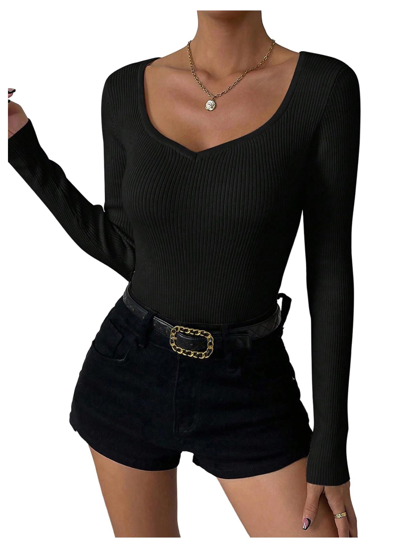 Womens Ribbed Knit Sweater Sweetheart Neck Long Sleeve Slim Fit Pullover Tops